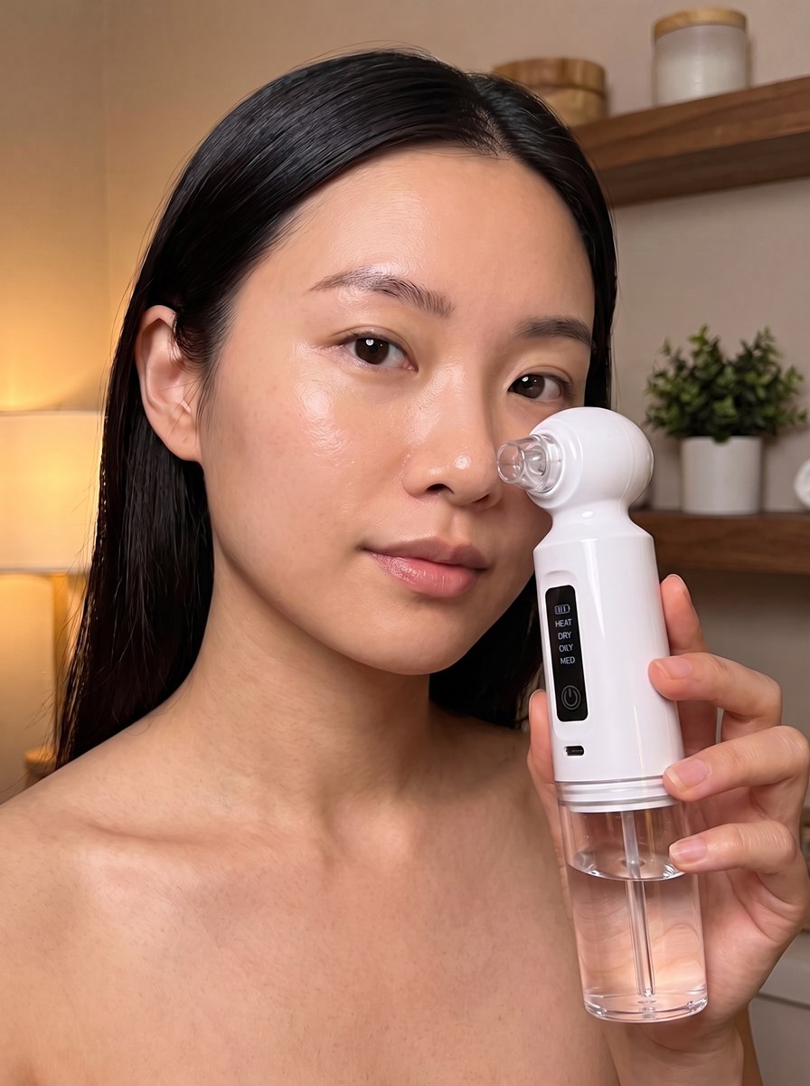 The matte-white Baree warm-water pore vacuum with a clear water tank, held in one hand