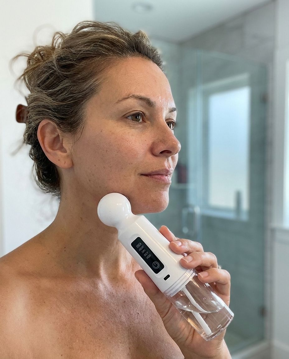 A woman gliding the Baree device gently along her jawline